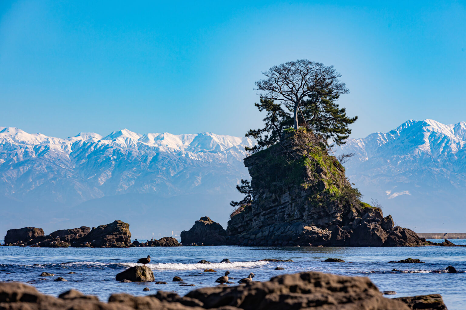 立山がくっきり見える雨晴海岸の象徴女岩