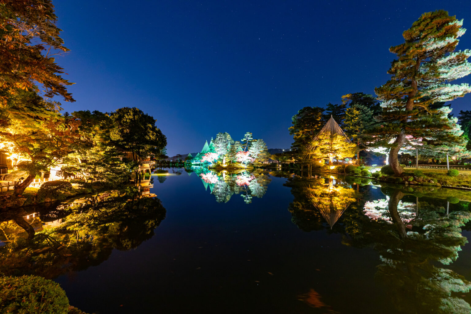 夜空が綺麗な兼六園の雪吊りライトアップ